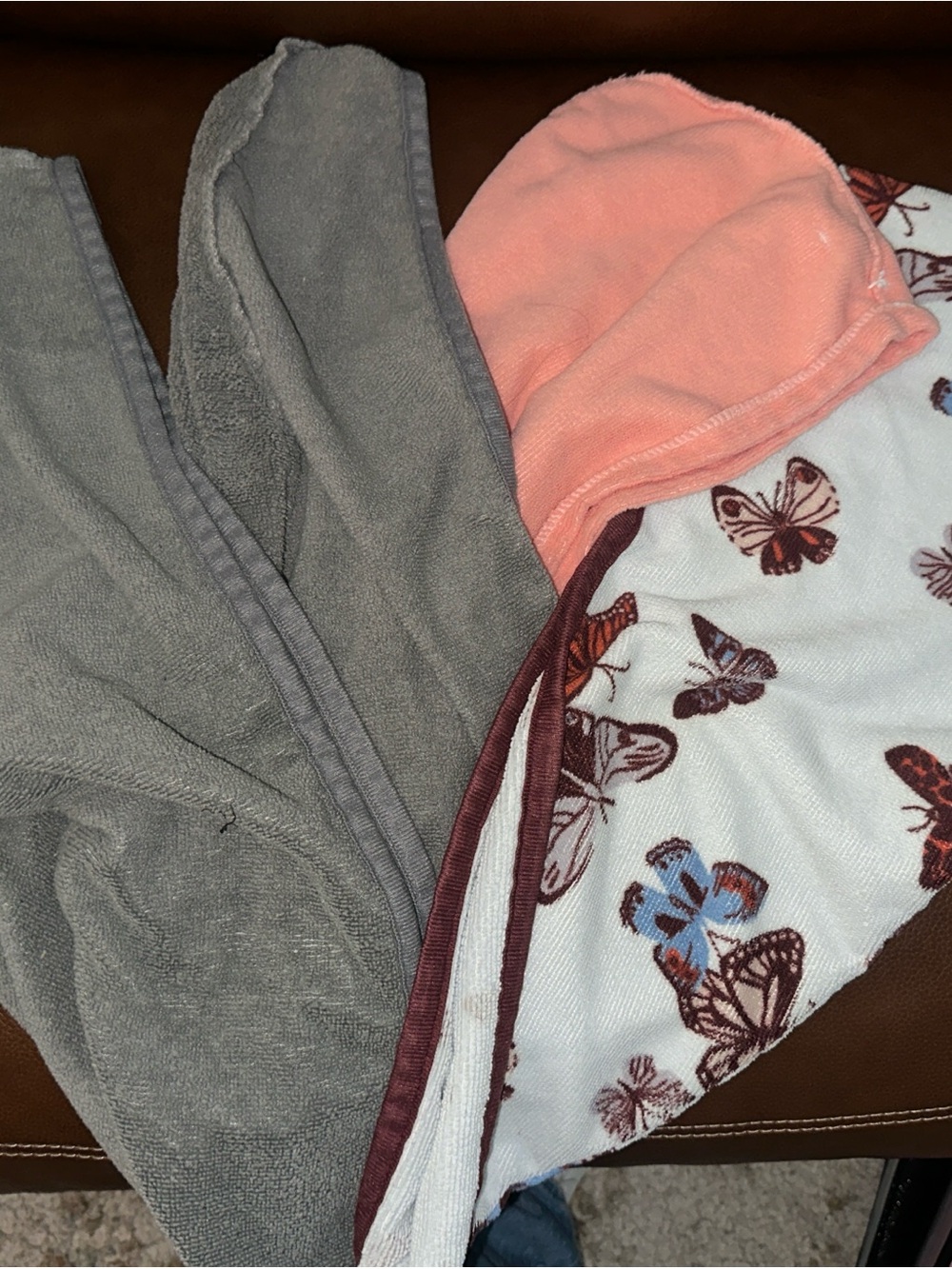 Butterfly Print Hooded Hair wrap Towel with Gray & Coral Panel - set of 4